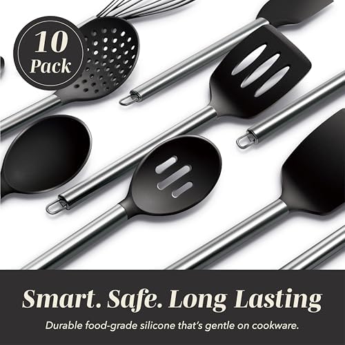 COOK WITH COLOR Silicone Cooking Utensils, Kitchen Utensil Set, Easy to Clean Silicone Kitchen Utensils, Cooking Utensils for Nonstick Cookware, Kitchen Gadgets Set, 10 Pieces, Black