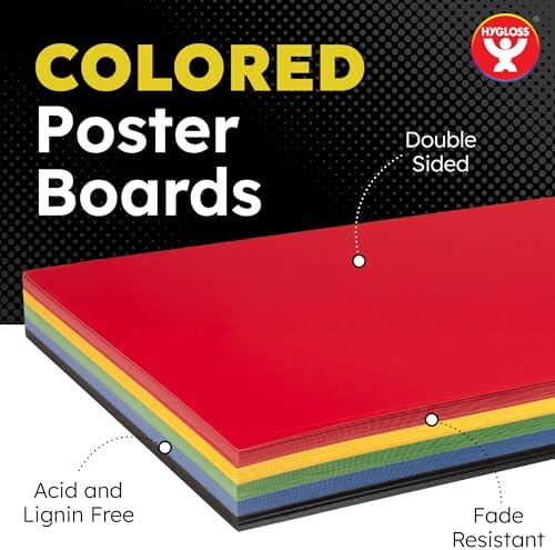 Hygloss Colored Poster Board 22 x 28, 100 Pack, Assorted Standard Colors