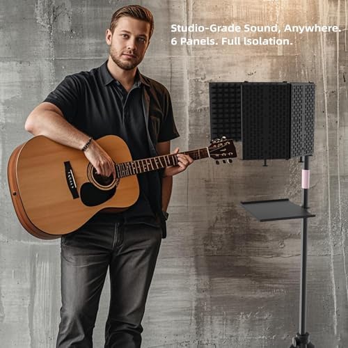 Microphone Isolation Shield – Foldable & Adjustable Soundproof Panel for Recording, Podcasting, Vocal Booth, Studio & Home Use (Six-sided high stand)