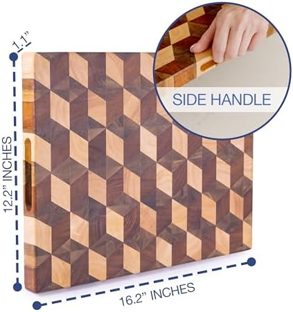 Handcrafted 3-D Checkered Acacia Wood Cutting Board - Reversible End Grain Large Butcher Block Cutting Board Serving Tray for Prep & Presentation - Multipurpose Wooden Charcuterie Board with Handles