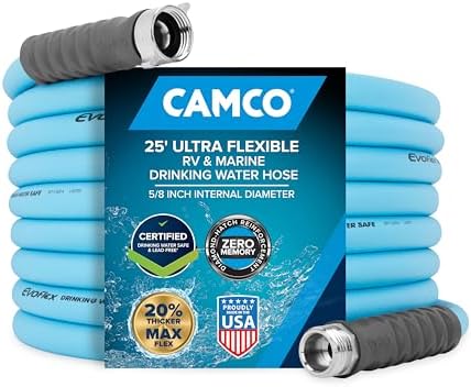 Camco EVOFlex 25-Ft RV Drinking Water Hose - Features Extra Flexible Design w/Stainless Steel Strain Relief Ends - Lead-Free, BPA-Free and Phthalate-Free - 5/8” Inside Diameter (22591)