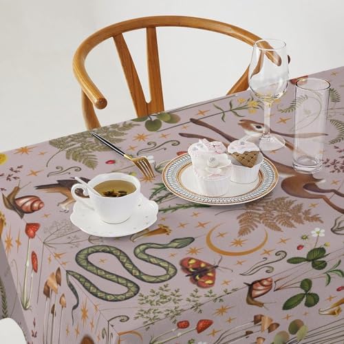 Rustic Forest Tablecloth, Pink Woodland Wild Animal Hare Squirrel Owl Snail Flowers Mushroom Table Cloth for Home Kitchen Dining Outdoor Patio Wedding Decor 55x55in