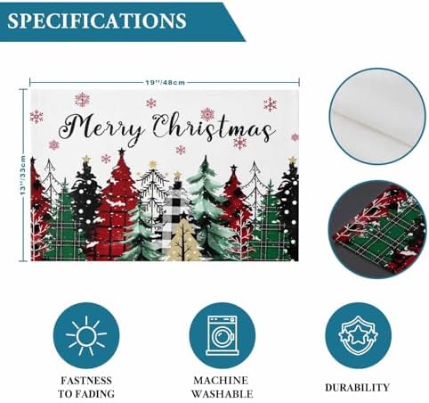 Merry Christmas Placemat 1PC, Red Green Plaid Pine Tree Heat Resistant Washable Table Place Mats White Snowy Forest Winter Cotton Table Linens Party Holiday Decor for Kitchen Dining Outdoor Indoor