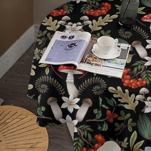 Autumn Mushroom Tablecloth, Rustic Vintage Farmhouse Mushrooms Fern Berries Leaves Botanical Print Table Cover for Outdoor Party Picnic Kitchen Dinning Table Decor, 70x70in