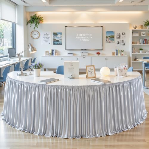 Wish Care 6ft Silver Satin Table Skirt for Rectangle Tables Wrinkle Free Teacher Desk Skirt Glitter Ruffle Table Skirting Cloth for Back to School Classroom Office Dorm Birthday Party Table Decor