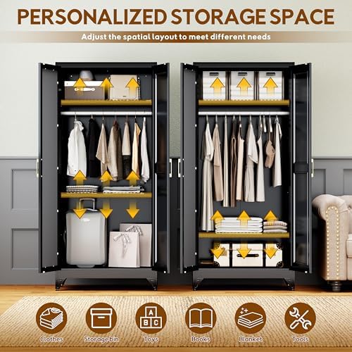 UNICOLY Armoire Wardrobe Closet，71" H Metal Wardrobe Cabinet with Mirror