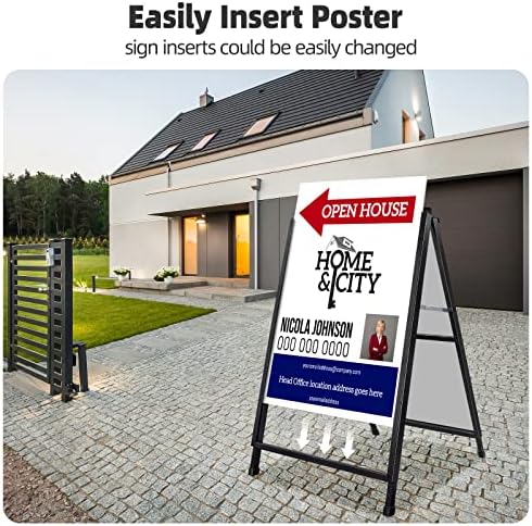 2 Pack Heavy Duty A-Frame Sidewalk Sign 24 x 36 Inch, Portable Double-Sided Sandwich Board Slide-in Folding Metal Signboard with 4 Plastic Poster Boards