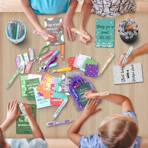 Pasimy 218 Pcs Inspirational Stationery Gifts Motivational Mini Notepad Pen Quote Bookmarks Stress Relief Stickers Inspiring Silicone Keychains for Home Office Appreciation Gift(Stylish)