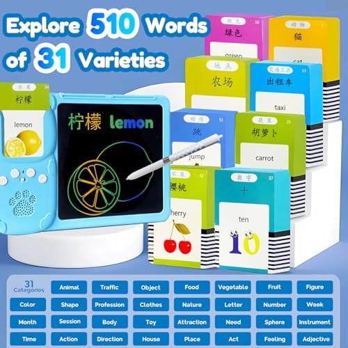 Writing Tablet with Bilingual Flash Cards for Kids, Chinese Blue