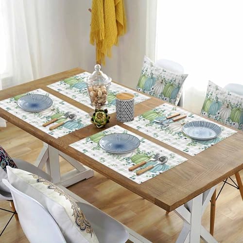 Fall Thanksgiving Placemat, Autumn Pumpkins Eucalyptus Leaves Heat Resistant Dining Table Mats Fall Holiday Farmhouse Decor for Kitchen&Linens Outdoor Indoor, White Blue Green Gray Plaid