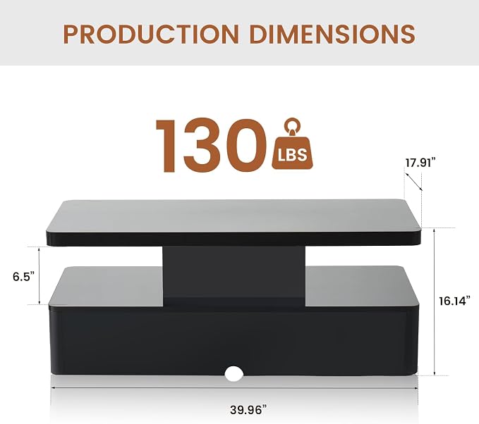 40" Modern LED Coffee Table, 2 Tier Rectangular Center Table with 16 Colors Lights & Large Storage Space, High Glossy Wooden Tea Table for Living Room, Bedroom, Home Office, Black