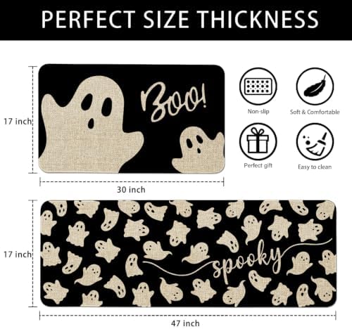 Halloween Ghost Kitchen Mat Decor, Black Halloween Kitchen Rugs Set of 2