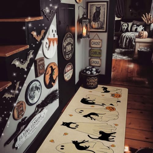 Ghost Black Cat Halloween Kitchen Rugs and Mats Set of 2, (17"x47"+17"x30") Gothic Cute Spooky Season Pumpkin Trick Or Treat Non Skid Washable Runner Rugs for Home Decor Decorations and Accessories