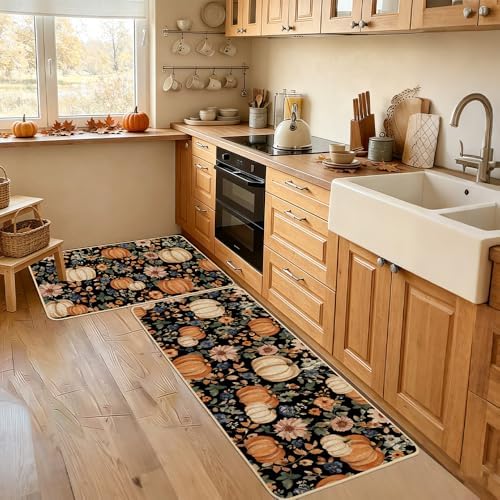 Baccessor Fall Kitchen Rugs Set of 2, Pumpkin Floral Kitchen Mats for Floor Washable Low-Profile Farmhouse Autumn Holiday Home Indoor Outdoor Decor 17x29 and 17x47 Inch