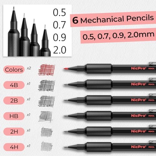 Nicpro 6 PCS Metal Mechanical Pencil Set, Art Drawing Pencil 0.5-2.0MM