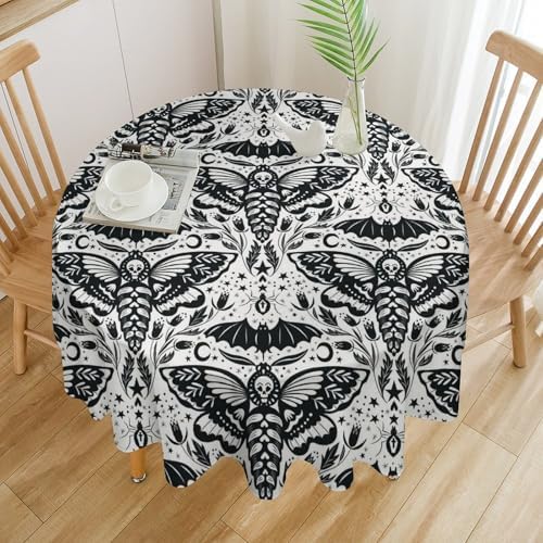 Boho Moth Tablecloth, Gothic Mysterious Halloween Black White Death Butterfly Bat Witch Print Table Cloth for Kitchen Dining Picnic Party Restaurant Decoration, 50x50in