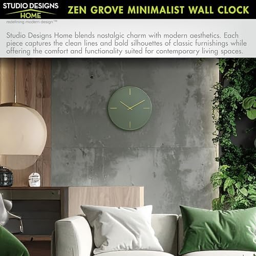 Zen Grove Minimalist Wall Clock, 15.75” Modern Green Wall Clock with Gold Accents, Subtle Stripe Face, Quartz Movement, Glass Cover, Contemporary Home Décor
