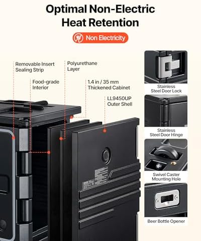 VEVOR Insulated Food Pan Carrier, 82 Qt Non-Electrical Food Warmer, with Wheel & 304 Stainless Steel Latch, LLDPE Stackable Hot Box, for Various Pan Sizes(NOT Included), Fit Catering BBQ Event(Black)