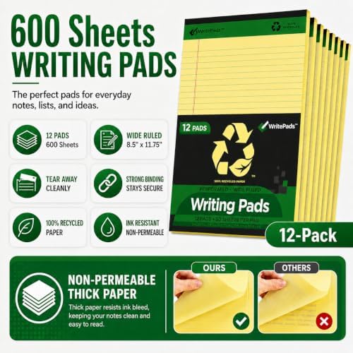 KAISA Legal Note pads 8.5 x 11，12pads 600 Sheets note pads office supplies Recycled Paper 8.5 x 11 Wide Ruled 50 sheets Premium Thick Paper Hard Back Notepads 8-1/2"x 11-3/4" Writing Tablet Canary For Office Supplies (Pack of 12)