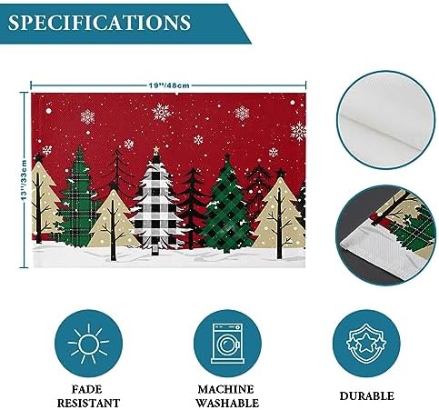 Red Merry Christmas Placemat 1PC, Green Christmas Tree Heat Resistant Washable Table Place Mats White Snow Forest Winter Cotton Table Linens Party Holiday Decor for Kitchen Dining Outdoor Indoor