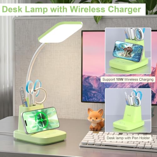 LED Desk Lamp with 10W Wireless Charging & Pen Holder, Light Green