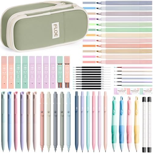 65PCS Aesthetic School Supplies Back to School Supplies Cute Stationary Set | College Essentials Kit with Pencil Case, Pastel Highlighters Gel Pens Mechanical Pencil Set 0.5 0.7 & 2.0mm for Student Girls