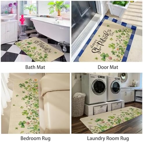 St Patricks Day Spring Kitchen Rugs and Mats Set of 2,Lucky Shamrock Clovers Floral Farmhouse Non Slip Washable Floor Sink Mats Decorations for Home Kitchen 18"x48"+18"x30"