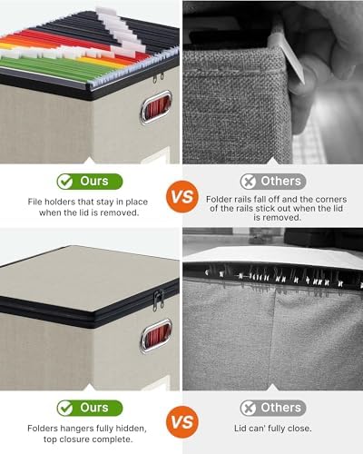 Oterri File Box Large 1-Pack Hanging Organizer for Letter/Legal-Size Folder | Dustproof Lid. 3 Mesh Pockets. Collapsible Scratch-Resistant GRS Linen. Slide Rails. Office, Home, Dorm