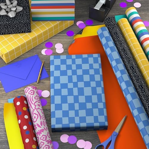 Hallmark Reversible Wrapping Paper Rolls - Checkered, Solids, Stripes, Polka Dots, Flowers, Gift Wrap Paper (Set of 6 Rolls: 150 sq. ft. ttl.) for Birthday, Christmas, Baby Shower, Graduation, All Occasion