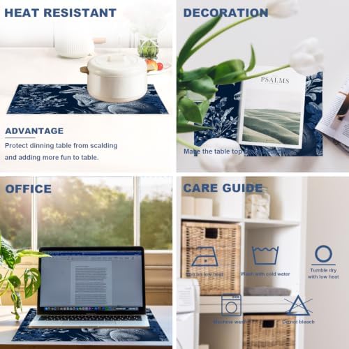 Batmerry Cute Kangaroo Placemats, Navy Blue with Plants Washable Linen Table Mats for Kitchen Table Double Insulation Decor Dining Set Indoor Outdoor 12X18 in Set of 8