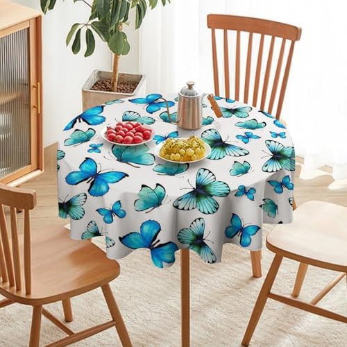 Blue Butterfly Tablecloth, Cute Animal Green Teal Butterfly Fantasy Wings Print Table Cover for Home Kitchen Outdoor Party Picnic Wedding Decor, 60x60in