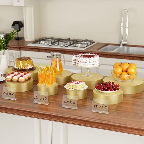 Round Metal Buffet Risers,4PCS Food Risers for Buffet Table 6in to 12in with Mini Acrylic Signs for Catering Dessert Collectibles Jewelry Figures Show Gold Cube Boxes Nesting Risers with Hollow Bottoms