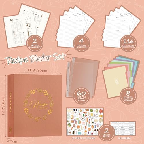 Lanpn Recipe Binder 8.5x11 3 Ring Kit, Waterproof Organizer Binder to Write in Your Own Recipes, Blank Recipe Book with 60 Plastic Sleeves,116 Recipes, Dividers, Labels & Stickers, Rose