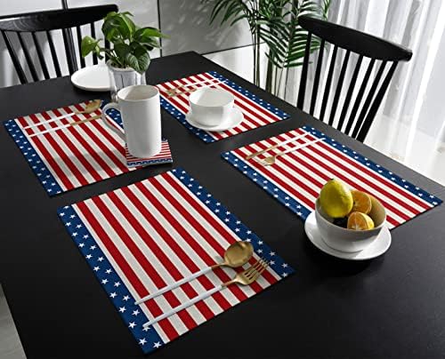 July 4th Placemats Set of 6-Patriotic Stripes and Stars Heat Resistant Placemat Washable Cotton Linen Table Mats Memorial Day Independence Day Party Summer Holiday Decorations for Kitchen Dining Table
