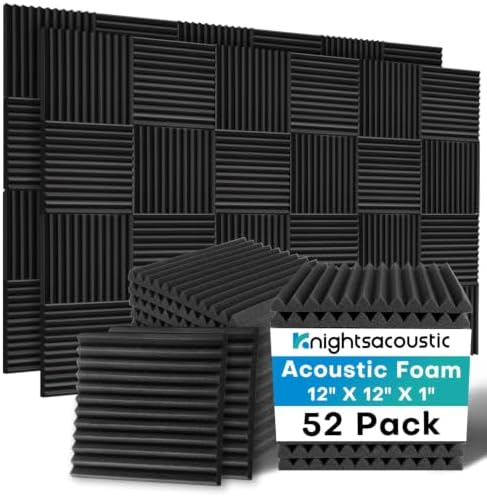 52 Pack Acoustic Foam Panels, 1 X 12 X 12 Inches Sound Proof Foam Panels for Walls, High Density Acoustic Panels Sound Absorbing, Black Noise Cancelling Studio Wedges (NOT Include Adhesive)