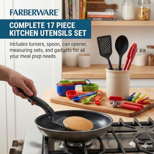 Farberware 17 Piece Kitchen Tool and Gadget Set - Essential Cooking Utensils Set with Turner, Slotted Spoon, Can Opener, Measuring Cups and Spoons - Dishwasher Safe, Non-Stick Safe - Black