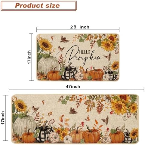 Baccessor Fall Kitchen Rugs Set of 2, Pumpkin Sunflower Kitchen Mats for Floor Washable Low-Profile Farmhouse Autumn Holiday Home Indoor Outdoor Decor 17x29 and 17x47 Inch