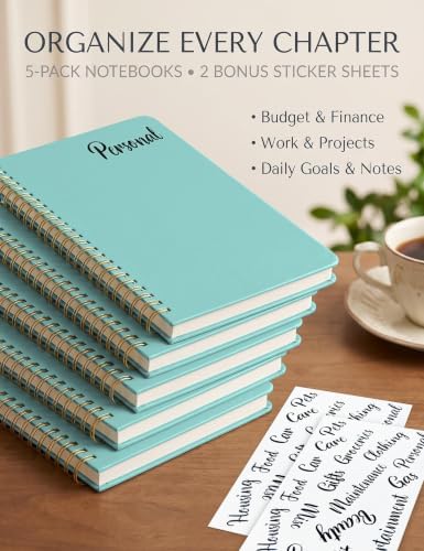 5 Pack Hardcover Spiral Notebooks, 8.3" x 6.3" Lined Journal Set, 100 GSM Bleed-Resistant Paper, 200 Pages Twin-Wire Bound Notebook with Elastic Band & Category Stickers for Office, School