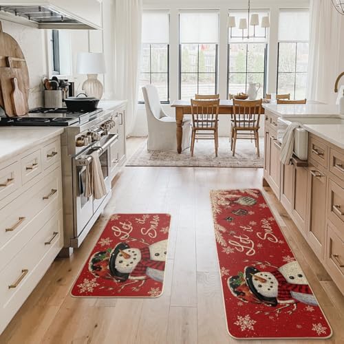 Artoid Mode Snowman Let It Snow Snowflake Christmas Kitchen Mats Set of 2, Winter Home Decor Low-Profile Kitchen Rugs for Floor - 17x29 and 17x59 Inch