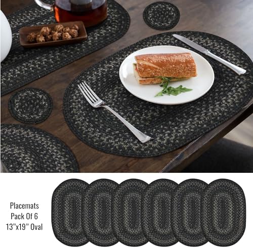 Homespice Jet Black Jute Braided Placemats, Oval 13x19 Set of 6