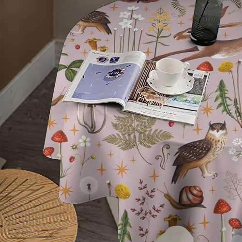 Rustic Forest Tablecloth, Pink Woodland Wild Animal Hare Squirrel Owl Snail Flowers Mushroom Table Cloth for Home Kitchen Dining Outdoor Patio Wedding Decor, 50x50in