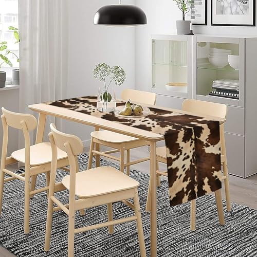 Cow Skin Print Table Runner, Western Rustic Cottage Country Farm Animal Fur Skin Pattern Black Cowhide Print Dinner Runner for Home Kitchen Dining Table Decoration 13"x120"