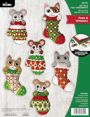 Bucilla Felt Applique 6 Piece Ornament Making Kit, Paws & Whiskers, Perfect for Holiday DIY Arts and Crafts, 89701E