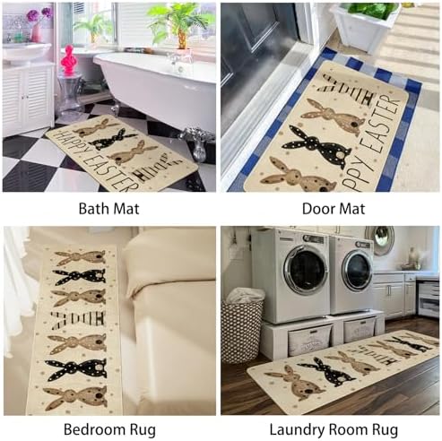 Happy Easter Kitchen Rugs and Mats Set of 2,Spring Rabbit Bunnies Polka Dots Farmhouse Non Slip Washable Floor Sink Mats Decorations for Home Kitchen 18"x48"+18"x30"
