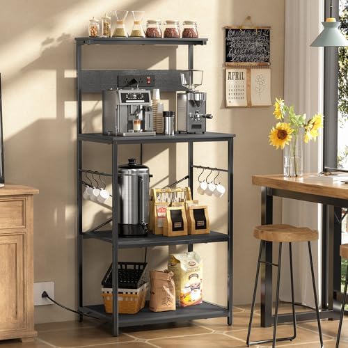 VUSIGN Kitchen Bakers Rack with Power Outlet, 4 Tiers Microwave Stand with Storage, 23.6 Inch Coffee Bar Station with 6 S Hooks, Adjustable Shelf Rack for Pots/Pans/Spices, Black