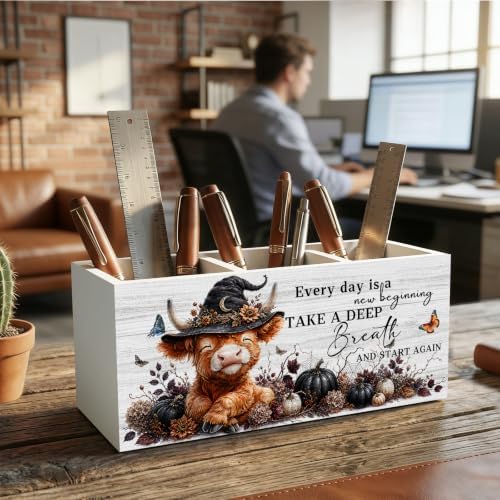 Fall Halloween Highland Cow Pencil Pen Holder for Desk Organizer