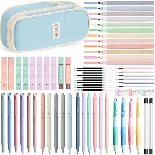 65PCS Aesthetic School Supplies Back to School Supplies Cute Stationary Set | College Essentials Kit with Pencil Case, Pastel Highlighters Gel Pens Mechanical Pencil Set 0.5 0.7 & 2.0mm for Student Girls