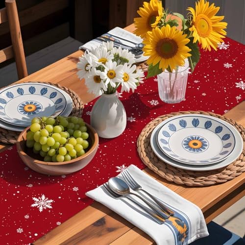 Christmas Snowman Red Table Runner Dresser Scarf 13 x 72 Inch Cute Xmas Snowman Snowflakes Winter Table Runners Non-Slip Heat Resistant Kitchen Dining Table Decor for Home Holidays Indoor Outdoor