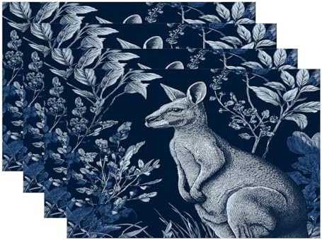 Batmerry Cute Kangaroo Linen Placemats Set of 4, Navy Blue with Plants Washable Table Mats for Kitchen Table Thickened Heat Insulation Dining Set Indoor Outdoor 12X18 in