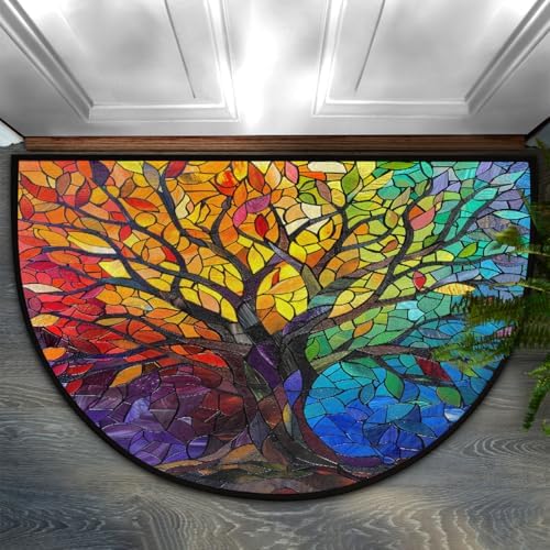 Stained Glass Tree Summer Half Round Door Mat Non Slip Washable Semi Circle Area Rug Absorbent Soft Half Moon Rug Floor Mat for Indoor Outdoor Kitchen Bathroom Patio Front Door Mat Decor